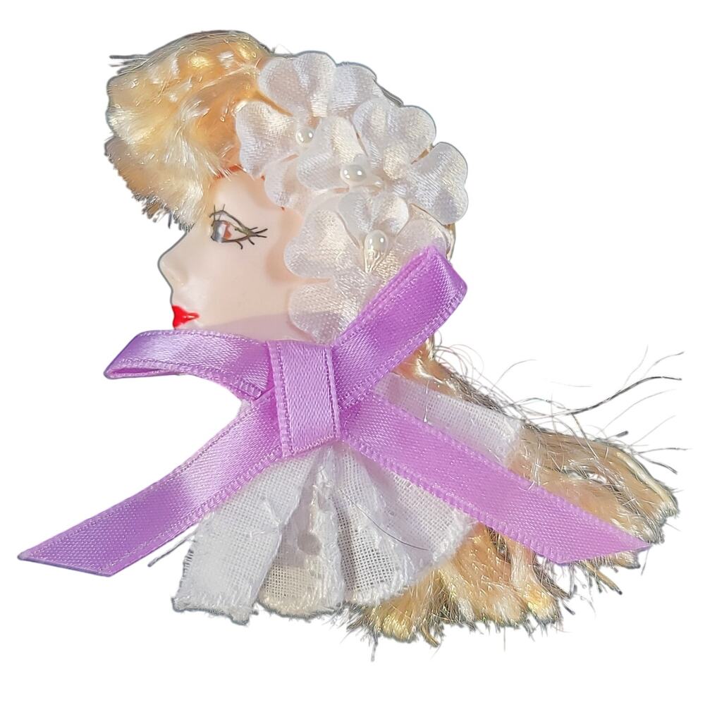 Glamour Lady Head Brooch Face With Lace and Purple  Ribbon 1980's With Gift Box